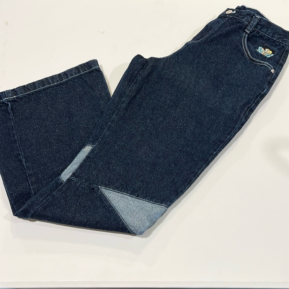 Vintage - 9, flare/wide leg skater jeans, cartoon patch, Y2K